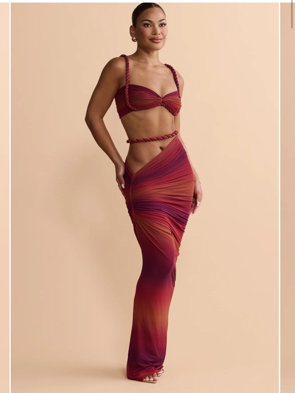 Ombre Ruched Mesh Rope Skirt - Red to Orange